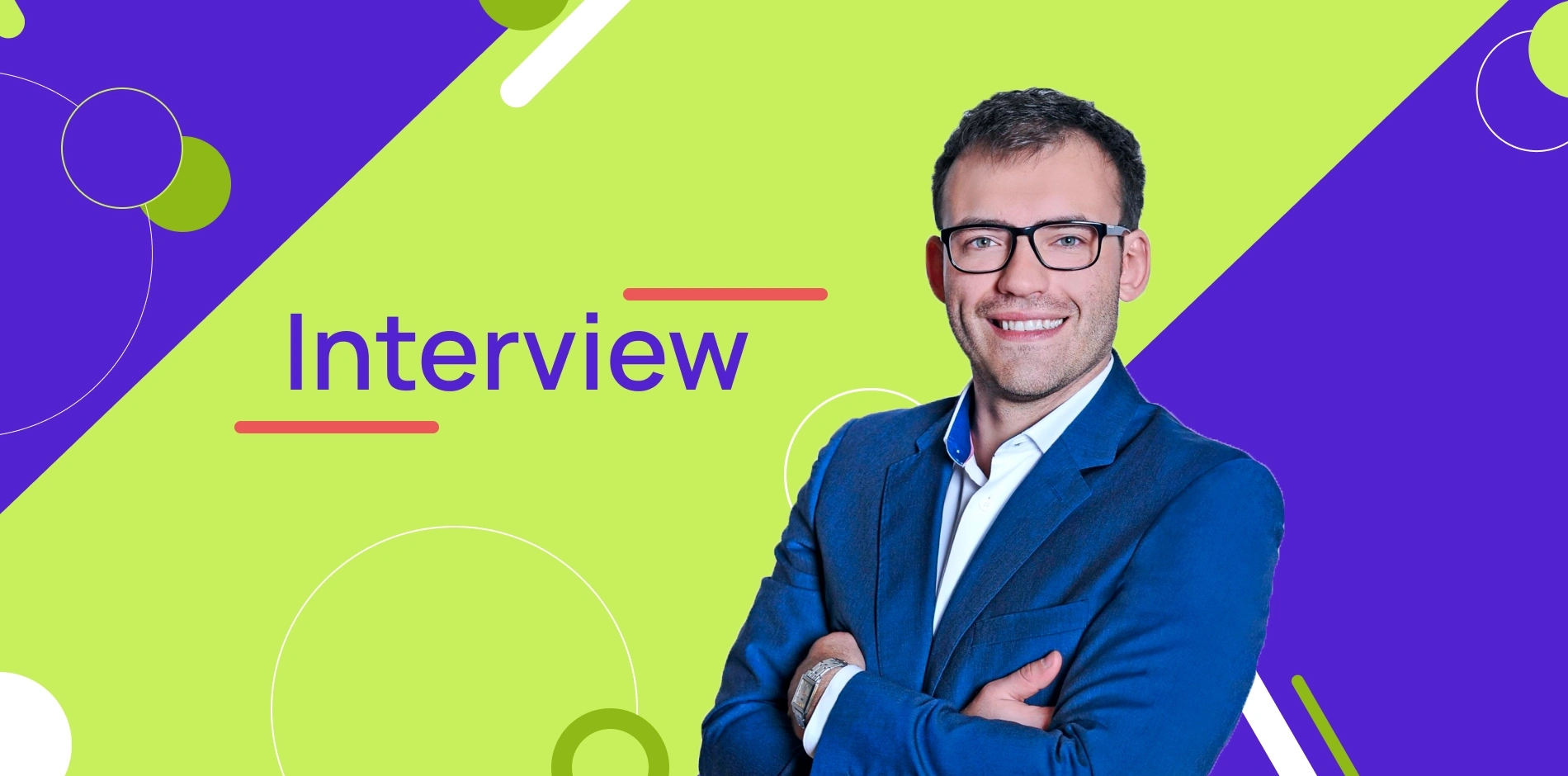 Men in suit and glasses on purple-green background with text "Interview"