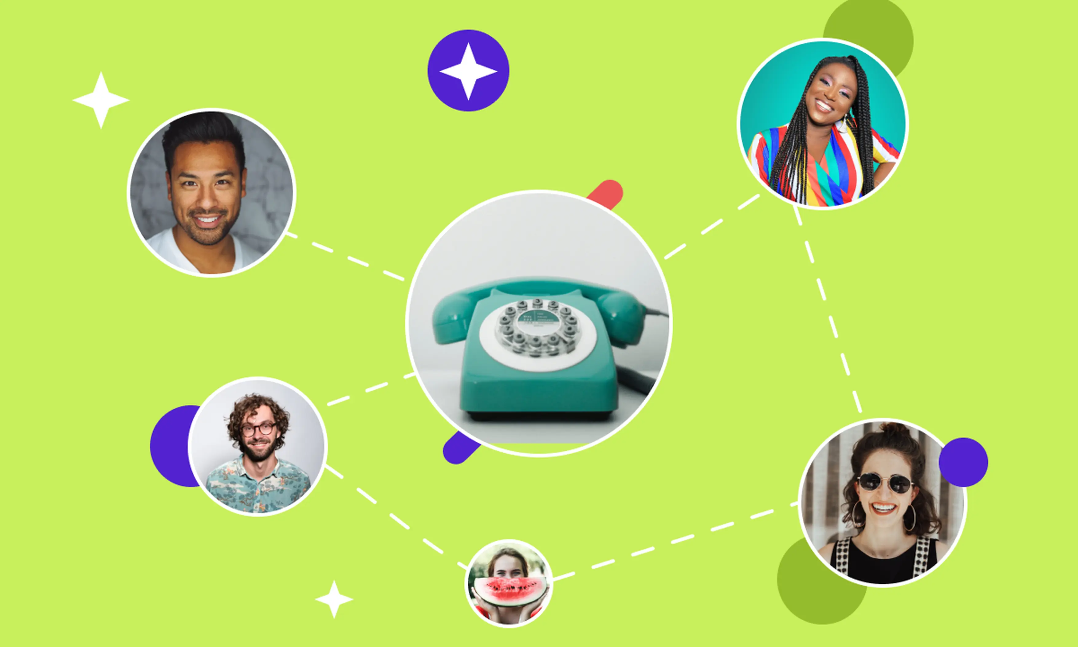 Graphics with a green background with pictures of people and a phone in a circular form.