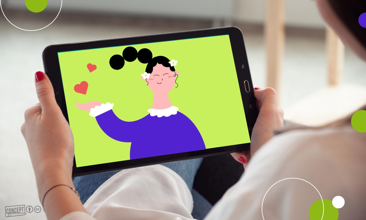 A person holding a tablet on which you can see the figure of a woman on a green background.