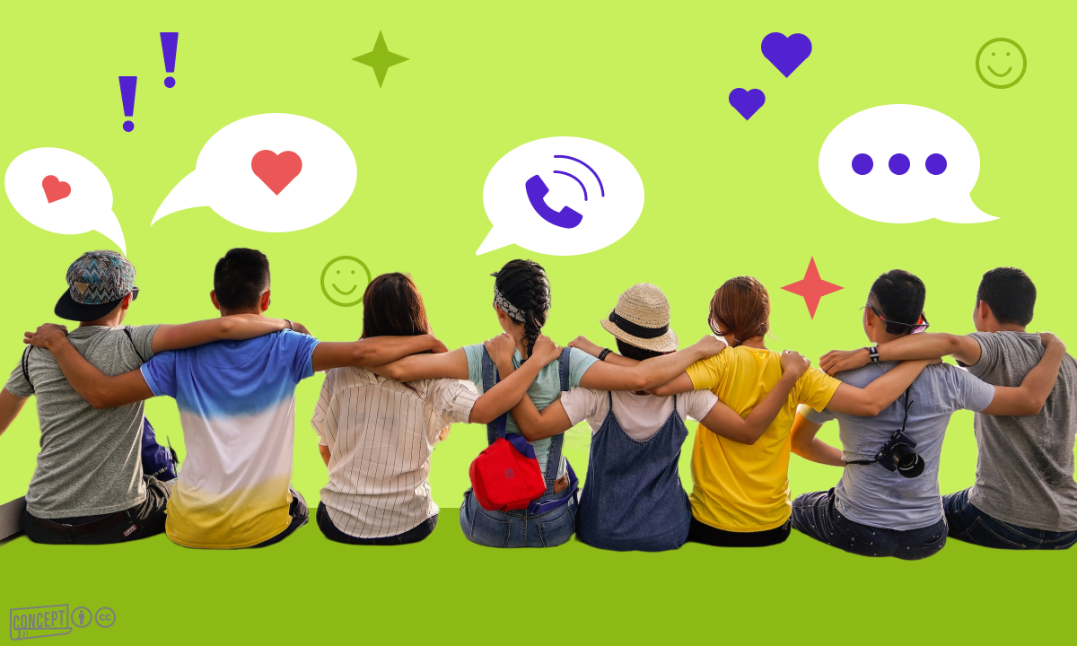 A group of people with arms around them and speech bubbles with hearts, phone, chat icons floating above them.