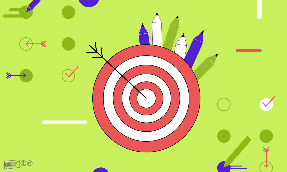 Bright green background with a shooting target and crayons.