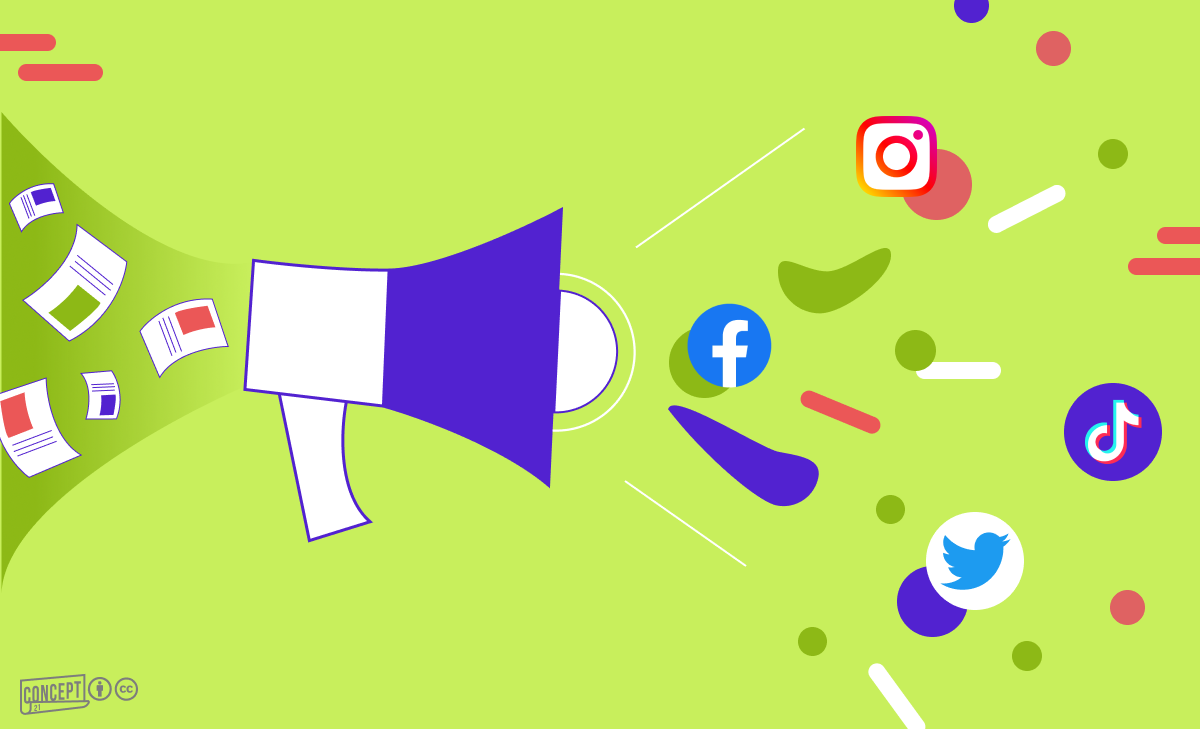 A megaphone on a bright green background, into which cards fly in on one side and social media icons fly out on the other.