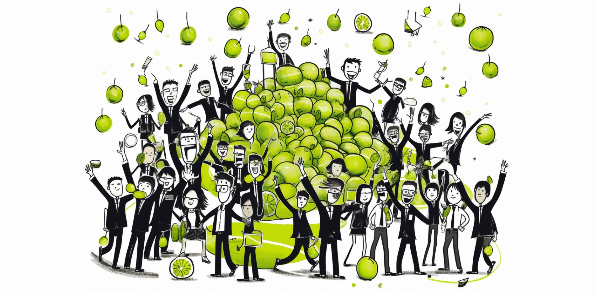Group of happy people in black and white color around limes