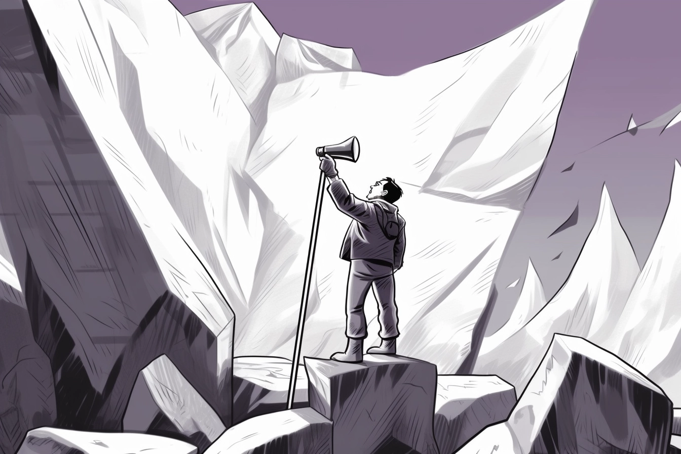 Person with a megaphone among the mountains
